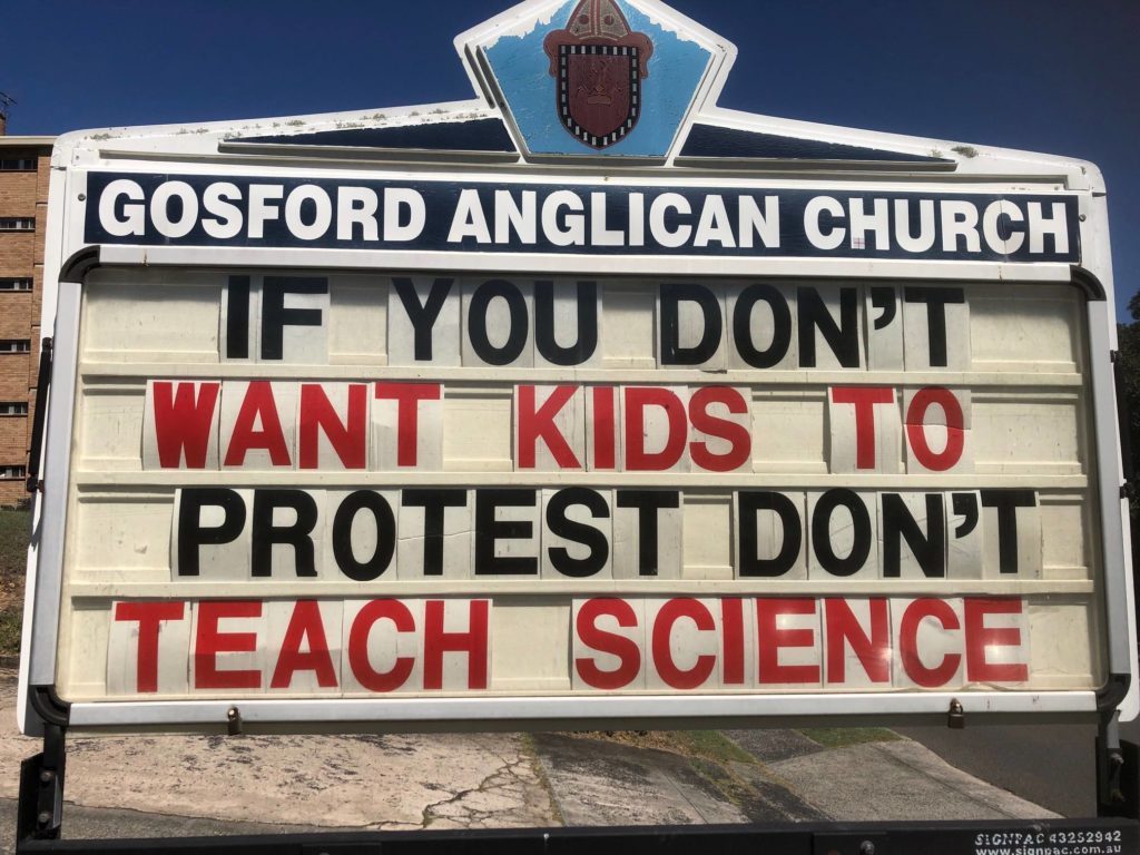 Gosford Anglican Church sign reads "If you don't want kids to protest don't teach science"