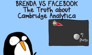 Brenda the penguin with text that says Brenda vs Facebook, and a picture of an asteroid
