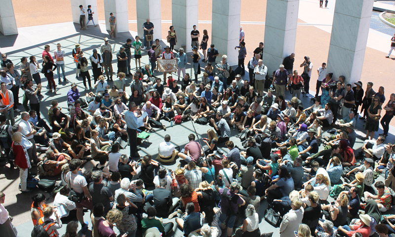 A protest at Parliament House in the Australian Capital Territory (ACT)