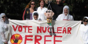 Image of a creative Vote Nuclear Free banner.
