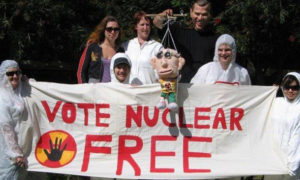 Image of a creative Vote Nuclear Free banner.