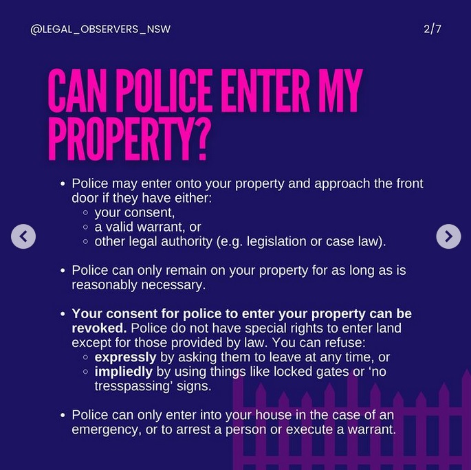 Screen grab of insta post from NSW Legal observers with tips answering "can police enter my property"