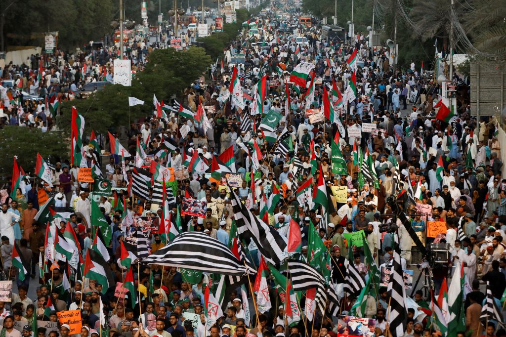 People gather in solidarity with Palestinians in Gaza during a rally in Karachi Pakistan Akhtar Soomro Reuters